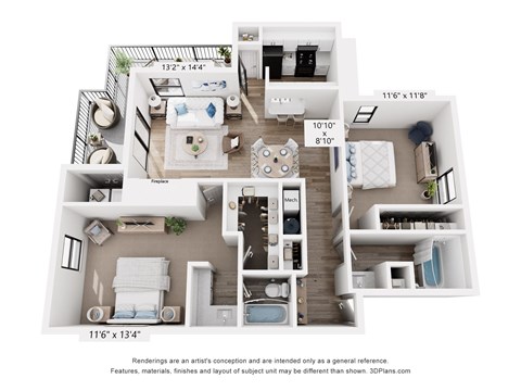 A 3D floor plan of a small apartment with a kitchen, living room, and bedroom.